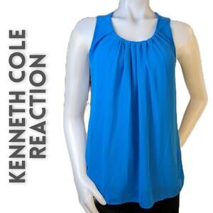Kenneth Cole Reaction Tank Top Blouse Small Blue Dressy  Pleated Sheer Overlay